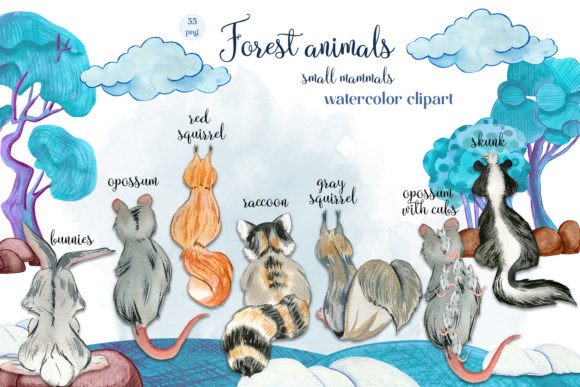 Animal Watercolor Clipart: Mammals & Nature Elements